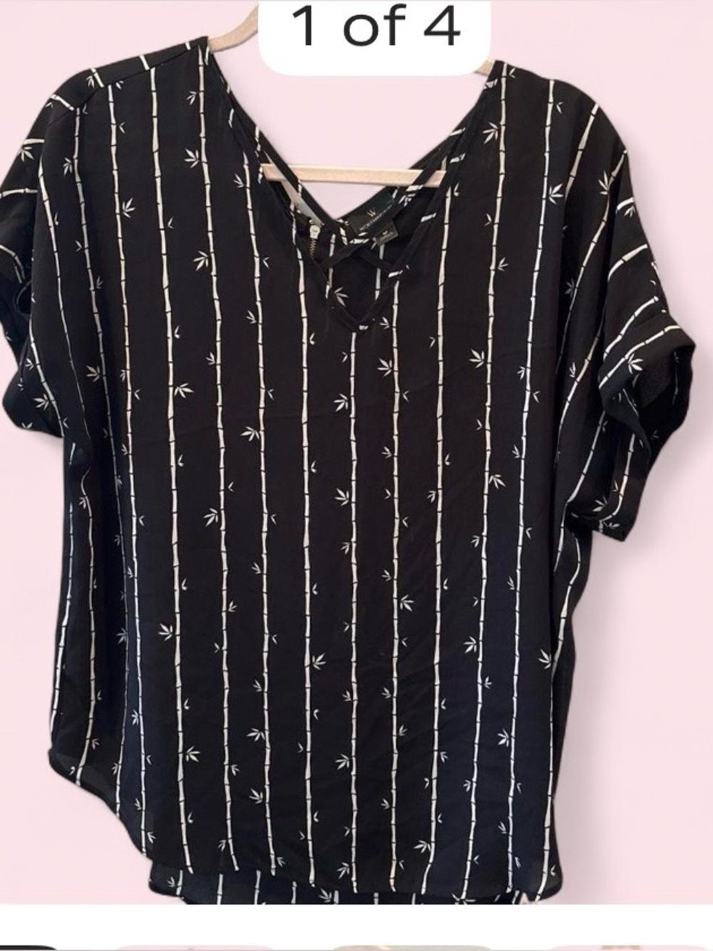 Worthington Black V-Neck Short Sleeve Top with White Bamboo Stripe